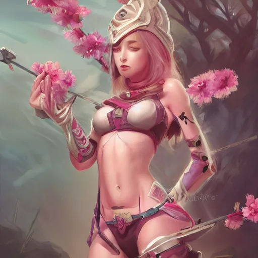 Prompt: - H 768 a zigmerian warrior in a cherry blossom field, Artgerm, artstation, digital art, sharp focus, high fantasy, illustration, D&D, pale colors