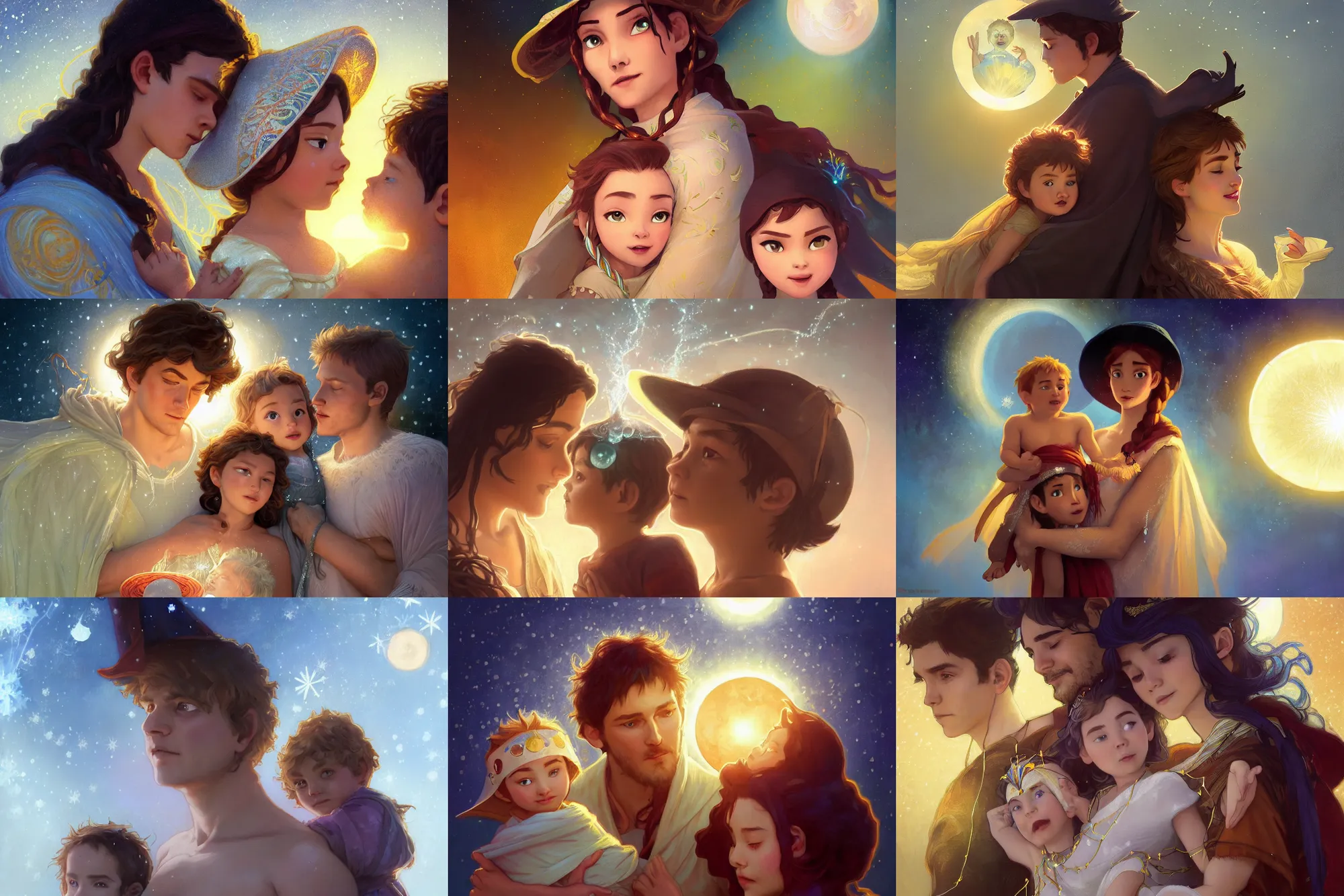 Prompt: a cinematic beautiful close up moment of a young sun god and moon goddess magician family with child, portrait, wearing sunhat with string lights, family photography, Frozen Klaus film, digital painting, artstation, concept art, illustration, Frozen II art masterpiece by art by Krenz Cushart, Artem Demura, alphonse mucha, yoji shinkawa, ArtGerm, Jon Lothian, Danilo Torres, Adi Meyers, Thomas Reimann, Gaston Bussiere