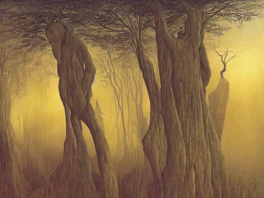 Image similar to Giant African sculpted god in a ravine, fog, melancholy, noise, surreal canopy, Harsh, golden light. Painting by Caspar David Friedrich, Peter Doig, Yves Tanguy.