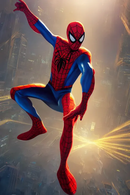 Image similar to hardmesh retro futurist spiderman, hyper realistic, art cover, official fanart behance hd artstation by jesper ejsing, by rhads, makoto shinkai, final fantasy, unreal engine highly rendered, global illumination, radiant light, intricate environment radiating a glowing aura global illumination ray tracing hdr