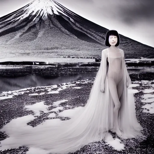 Prompt: coherent symmetrical face, a instax photo of fuji mountain, a tall japanese girl in a transparent sheer fabric dress against the background of fuji mountain, severe snow, full body shot, perfect symmetrical body, coherent symmetrical eyes, by peter kemp, by monia merlo, hyperrealistic, hyperdetailed, octane render, 8 k