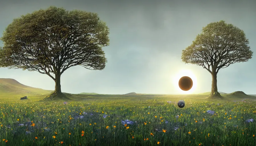 Prompt: solar eclipse in iceland, field with grass and flowers, big tree, matte painting, art station, blue sky, simon stalenhag