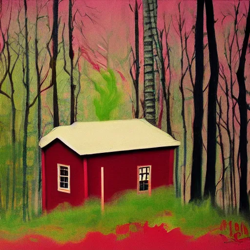 Prompt: a painting of a eerie cabin in the middle of the woods in the style of warhol