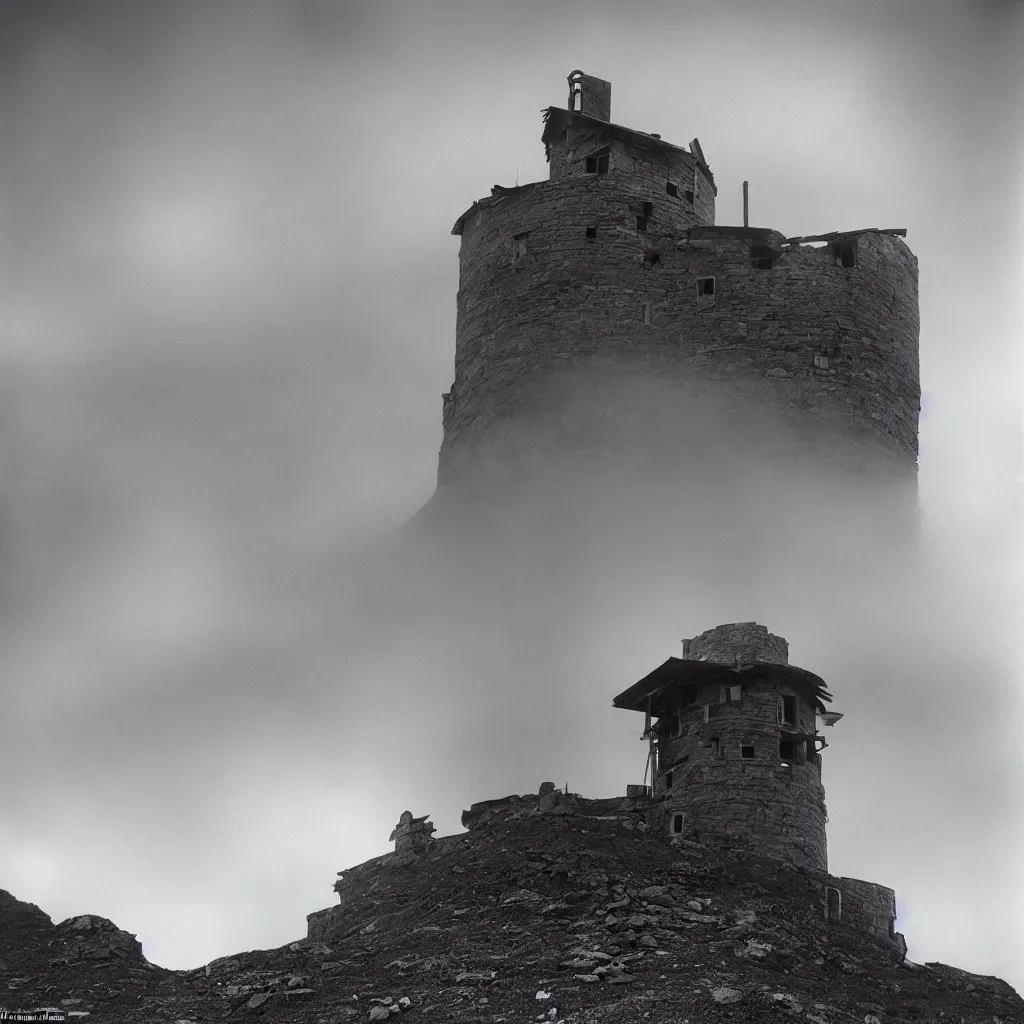 Prompt: one round tower, made up of makeshift squatter shacks in a vast mountain landscape, misty, dystopia, mamiya rb 6 7, fully frontal view, very detailed, photographed by ansel adams