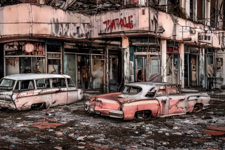 Image similar to low wide angle shot of dilapidated fallout 5 miami, european small town, desolate, dilapidated neon signs, few rusted retro futuristic vintage parked vehicles like cars, buses, trucks, trams, volumetric lighting, photorealistic, daytime, autumn, sunny weather, sharp focus, ultra detailed, f 1. 4, 4 0 0 0 k