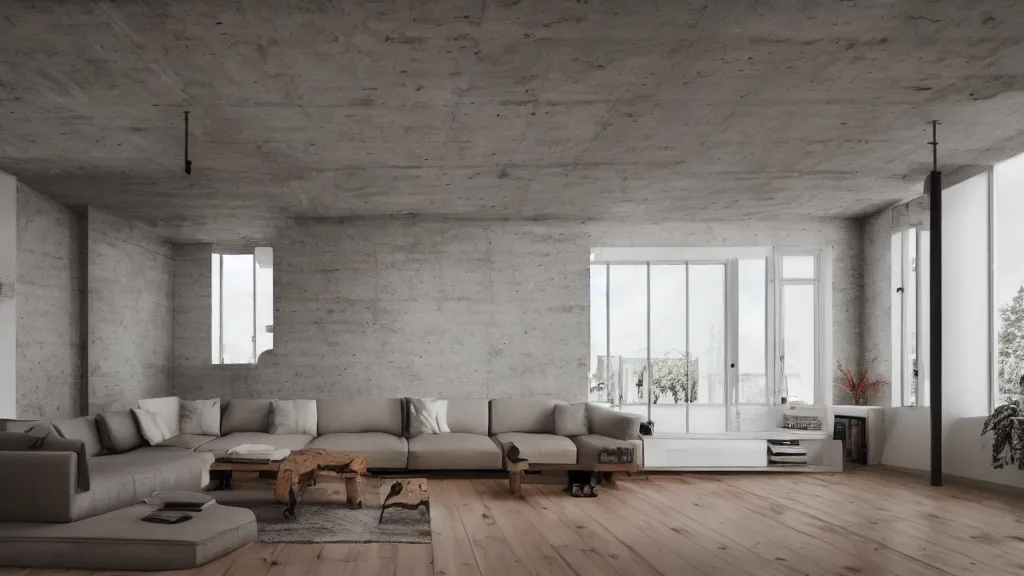 Image similar to hyper realistic one point perspective of living room, wood, concrete, brick