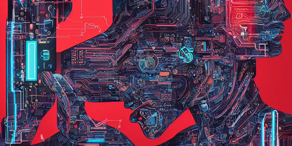 Prompt: portrait of computer & circuits, 8 k, by tristan eaton, trending on deviantart, face enhance, hyper detailed, minimalist, cybernetic, android, blade runner, full of colour, super detailed, cinematic