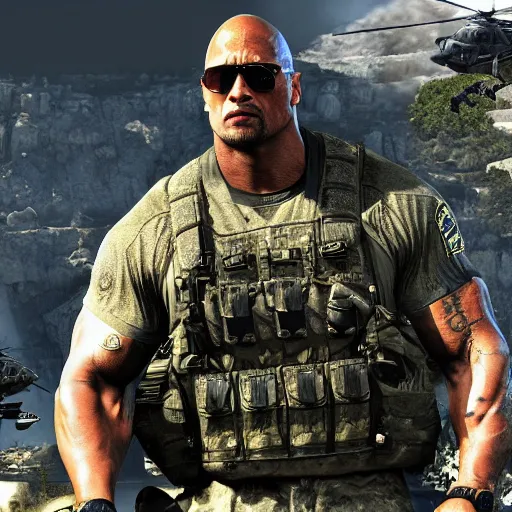 Image similar to Dwayne Johnson in call of duty 4K detail