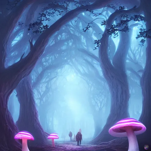 Prompt: eerie glowing mushroom forest, fantasy landscape, 8k, ultra detailed, concept art, trending on artstation
