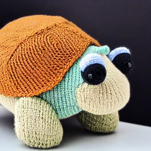 Image similar to a closeup photorealistic smiling knitted plush turtle wearing a fedora hat.