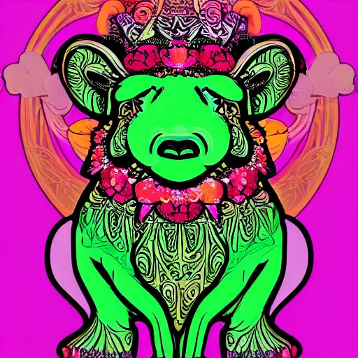 Prompt: beautifully ornate art nouveau opart glowing chunky baby capybara neon wearing a flower crown with mushrooms with flower mandala in background poster art by victor moscoso and gilbert shelton, saturated bright pink orange and green, 8 k, artstation