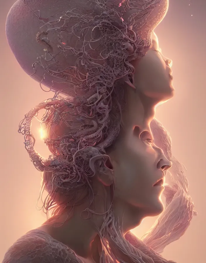 Image similar to goddess portrait. jellyfish phoenix head. intricate artwork by Tooth Wu and wlop and beeple. octane render, trending on artstation, greg rutkowski very coherent symmetrical artwork. cinematic, hyper realism, high detail, octane render, 8k, matte painting, peter mohrbacher, 3d