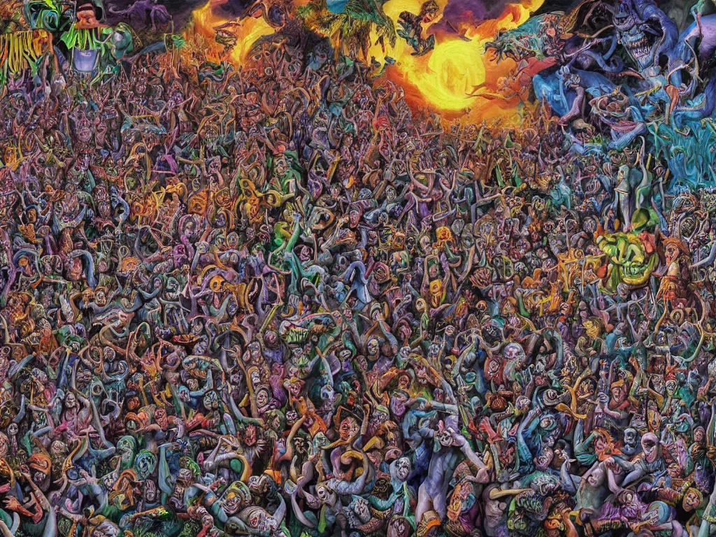 Image similar to digital painting rave party in hell by Chor Boogie, intricate details, ultra detailed, 4K, award-winning, touch of M. C. Escher and Salvador Dali