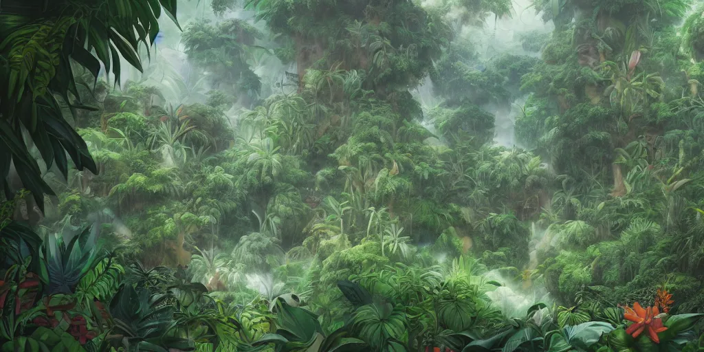 Image similar to A surrealist tropical jungle, by studio ghibli, michelangelo and raphael, lurking eyes everywhere, highly detailed, overgrown vegetation, mosh on the trees, digital painting, matte painting, concept art, illustration, oppressive lighting, trending on artstation, very detailed, chiaroscuro,