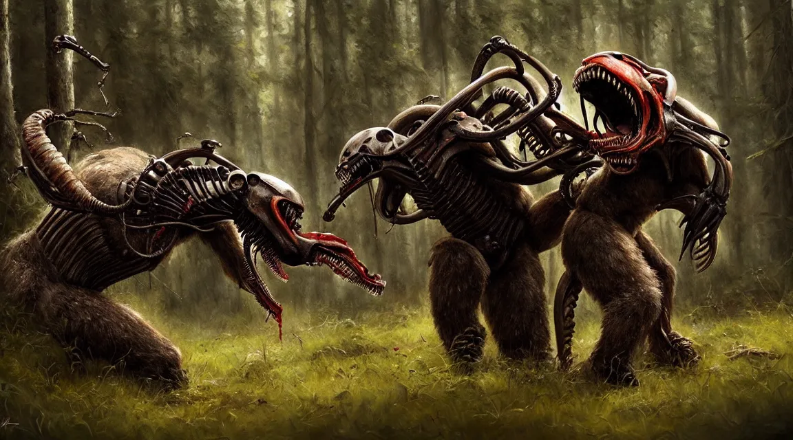 Prompt: bear fighting with a xenomorph, by jim burns, trending on artstation, photorealistic, photorealistic, wilderness ambiance, ultra detailed, high definition, depth of field, bokeh, rubble, nature overgrowth, blood stains