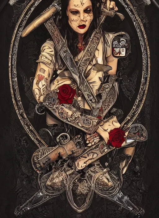 Image similar to tarot card :: horror :: vampires and draculas :: hearts and roses :: gold and silver :: guns and swords :: side profile :: highly details :: intricate details :: Sandra Chevrier and bastien lecouffe deharme