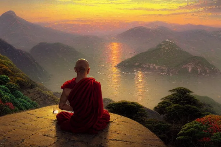 Prompt: a stunning painting of a bald zen buddhist monk praying meditating!!! on a seaside mountain overlook at sunset by thomas kinkade and john atkinson grimshaw, matte painting, moody palette