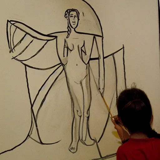 Prompt: a girl drawing an angel in the design of Pablo Picasso