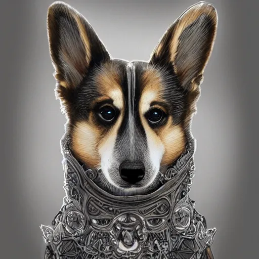 Image similar to a photograpic portrait of a corgi, fantasy, intricate, elegant, highly detailed, digital painting, artstation, concept art, smooth, sharp focus, illustration, art by artgerm and H R Giger and alphonse mucha