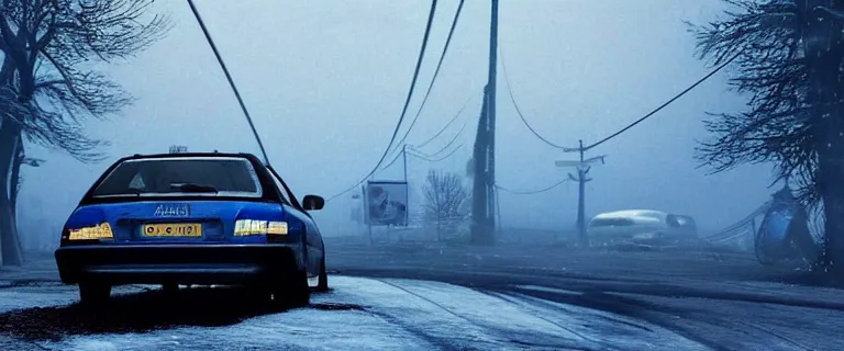 Prompt: Audi A4 B6 Avant (2002), a gritty neo-noir, dramatic lighting, cinematic, eerie person silhouette, death, homicide, homicide in the snow, gunshots, establishing shot, extremely high detail, photorealistic, cinematic lighting, artstation, by simon stalenhag, Max Payne (PC) (2001) winter New York at night, In the style of Max Payne 2 graphic novel, flashing lights, Poets of the Fall - Late Goodbye