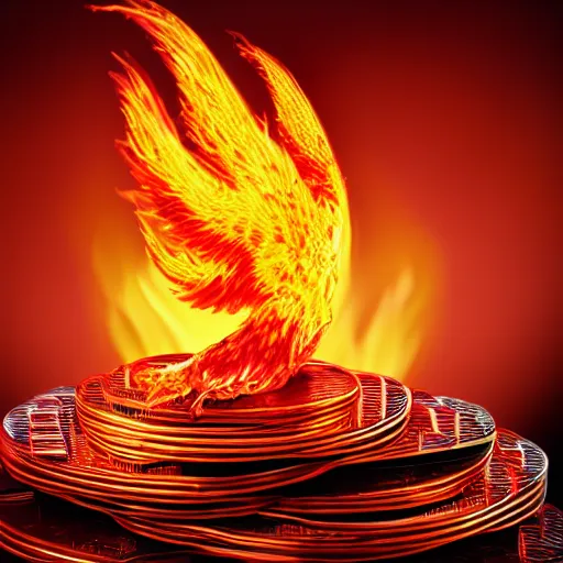 Prompt: a flaming phoenix sitting on a pile of harddisks protecting a database, 8 k, 3 5 mm