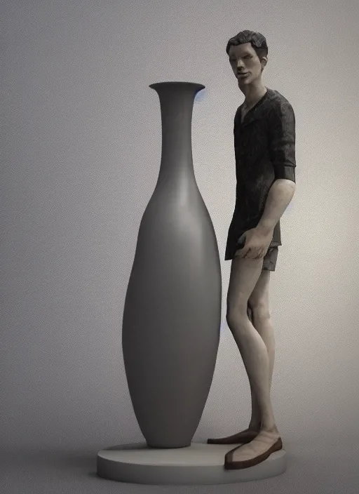 Image similar to a sculpture of a man standing next to a tall vase, a raytraced image by Hikari Shimoda, polycount, video art, vray tracing, ray tracing, rendered in unreal engine