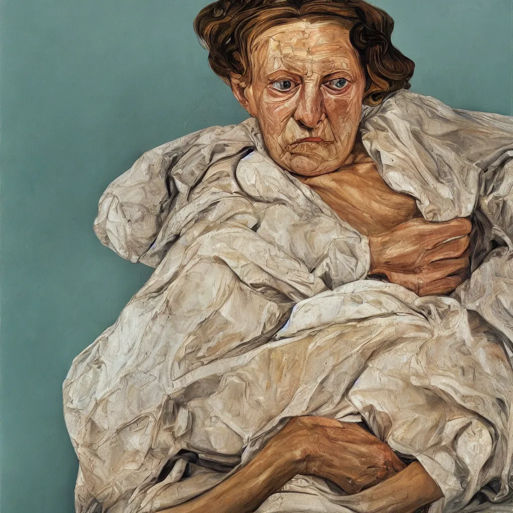 Image similar to high quality high detail painting by lucian freud, jenny savile, unsettling portrait, cream and turquoise, hd