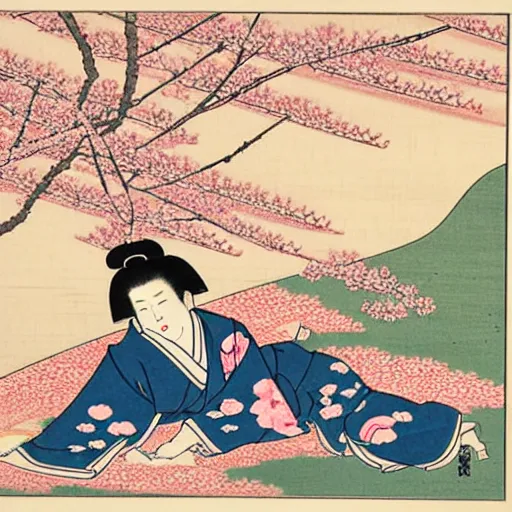 Image similar to japanese edo period woodblock print of a girl laying underneath pink blossoming cherry trees in the background