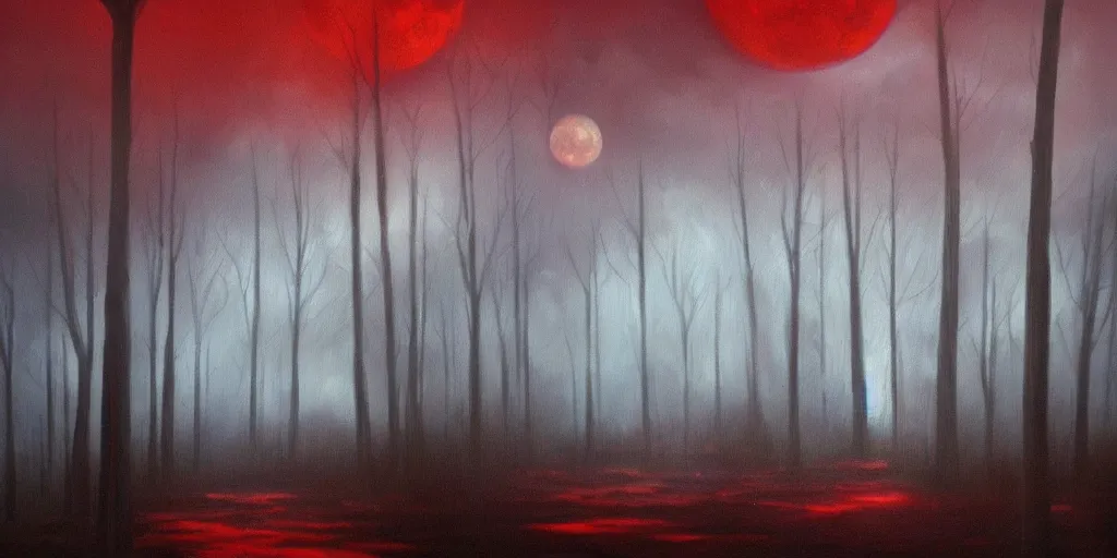 Prompt: a beautiful oil painting of a dark forest under the blood moon, thunderstorm in the sky red lighting gloomy atmospheric