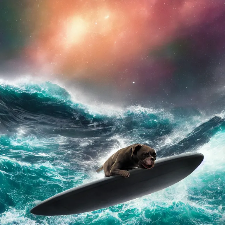 Image similar to photo of a dark gray black pit bull with a white paws, surfing on a surfboard in a crashing wave of alien ocean in space, background is an alien galaxy, aliens in the background, alien colors, octane render, unreal engine, wide view, 8 k, high detaild