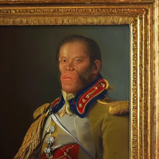 Prompt: An exquisite oil painting of a orangutan dressed like a bearded Napoleon with full military uniform, no frames