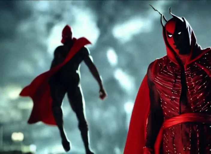 Image similar to film still of michael b jordan as spawn in the new spawn movie, giant chains, large cape, 8 k
