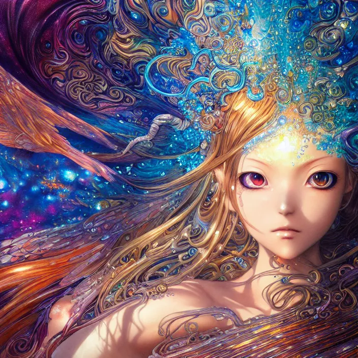 Image similar to ultra detailed illustration of a anime girl covered in liquid chrome, lost in a dreamy fairy multiverse, by Karol Bak, Johfra Bosschart, Andrew Thomas Huang, dan mumford, Druillet colorful, front view, vivid colors, 8k, coherent, artgerm, anime vibes, octane render, uplifting, magical composition, artstation