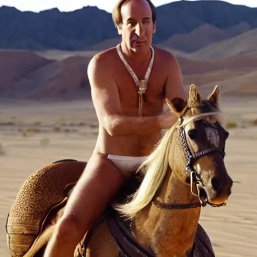 Prompt: a photo of saul goodman wearing bikini and riding a horse in the desert