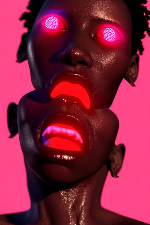 Prompt: 3 / 4 portrait black girl having orgasm eyes closed with transparent skin, visible muscle and bones and veins and nerves, hyperrealism, detailed textures, photorealistic 3 d cyberpunk, explosion of neon lights, ultra realistic, cinematic, intricate, cinematic light, unreal engine 8 k, octane render, unreal engine by david kostic and stanley lau and artgerm