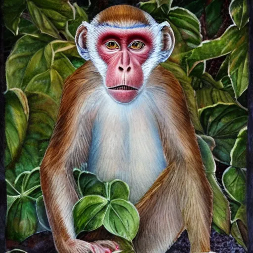 Prompt: delicate, king monkey on the throne, garden, paved, botanic watercolors, iridescent, 8 k, realistic shaded, fine details, artstation, italian, iron gate, tree, mediterranean, marvelous