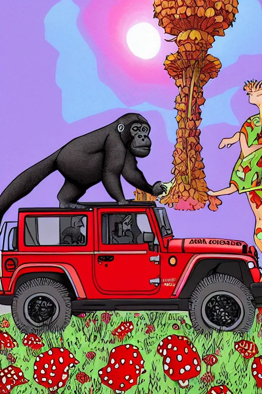 Image similar to gorillas standing by jeep holding a amanita muscaria, sunshine, by alba ballesta gonzalez and moebius. 4 k wallpaper, digital flat 2 d, japan animation, comic book, illustration, cinematic lighting, smooth sharp focus