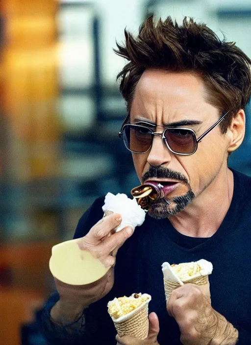 Image similar to a full portrait photo of robert downey jr eating ice cream in movie iron man, f / 2 2, 3 5 mm, 2 7 0 0 k, lighting, perfect faces, award winning photography.