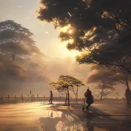Image similar to walking around misumi west port and manda pit, kumamoto, japan. volumetric lighting, dew, spring evening, clear weather, ( few clouds ), realistic illustration, golden hour, perfectly shaded, soft painting, art by krenz cushart and wenjun lin