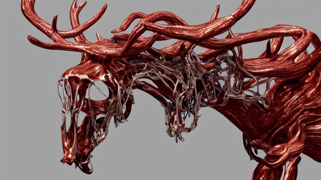 Image similar to stylized shiny polished silver statue full body bizarre extra limbs cosmic horror quadruped animal moose deer skull four legs made of marble of slug worm creature tendrils perfect symmetrical body perfect symmetrical face hyper realistic hyper detailed by johannen voss by michelangelo octane render blender 8 k displayed in pure white studio room anatomical deep red arteries veins flesh animatronic