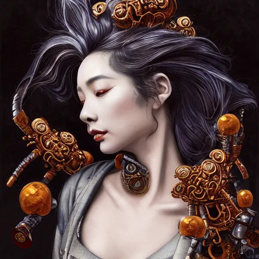 Image similar to portrait, headshot, insanely nice professional hair style, dramatic hair color, digital painting, of a old 17th century, old cyborg merchant, amber jewels, Chinese Three Kingdoms, baroque, ornate clothing, scifi, realistic, hyperdetailed, chiaroscuro, concept art, art by Franz Hals and Jon Foster and Ayami Kojima and Amano and Karol Bak,