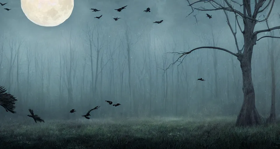 Prompt: fantasy landscape of a forest full of crows and the big moon in the background, dark color-theme, cinematic, science-fiction art wallpaper, stunning digital art