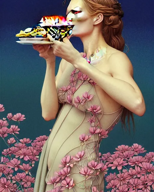 Image similar to Beautiful and playful portrait of kate moss eating a big mac, art nouveau, fantasy, intricate flower designs, elegant, highly detailed, sharp focus, art by Hasui Kawase, Artgerm and Greg Rutkowski and WLOP