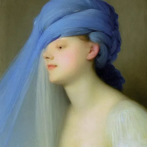 Prompt: a young woman’s face, her hair is white, she wears a long flowing blue satin veil, by ivan aivazovsky and pieter claesz and paul delaroche and alma tadema and august malmstrom and and willen claesz heda and aelbert cuyp and gerard ter borch, detailed, hyperrealistic, volumetric light, rendered in octane, rendered in redshift