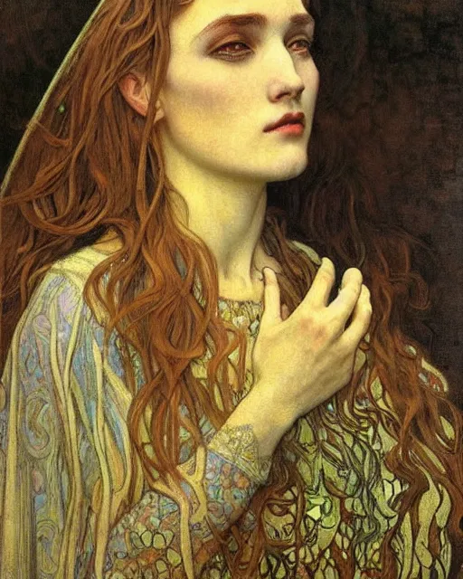 Image similar to detailed realistic beautiful young medieval queen face portrait by jean delville, alphonse mucha, vincent van gogh, and marco mazzoni, art nouveau, symbolist, visionary, gothic, pre - raphaelite