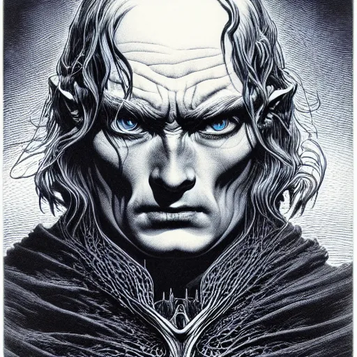 Prompt: medium portrait soft light, by bernie wrightson and joe fenton, inspired by lord of the rings, blue and grey only, etching, fine, sharp high detail,