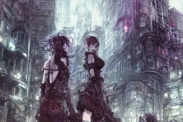 Image similar to goth woman in front of city, color page, tankoban, 4 k, tone mapping, akihiko yoshida, james jean andrei riabovitchev marc simonetti, yoshitaka amano, long hair, curly, h. hydrochaeri