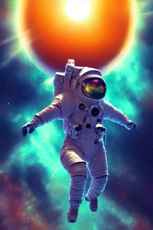 Prompt: ultrarealistic digital painting of an astronaut falling towards the sun, intricate, detailed, sharp focus, rainbowshift, artgerm, trending on artstation, octane grander