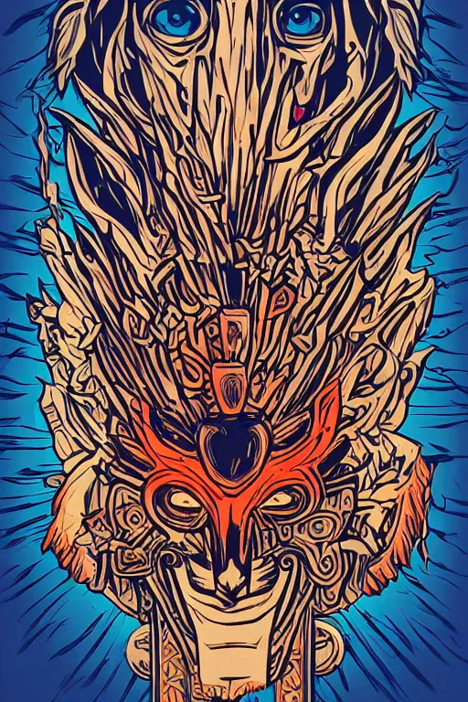 Image similar to totem animal mask tribal feather gemstone plant wood rock shaman vodoo video game vector cutout illustration vivid color borderlands comics by josan gonzales and dan mumford radiating a glowing aura