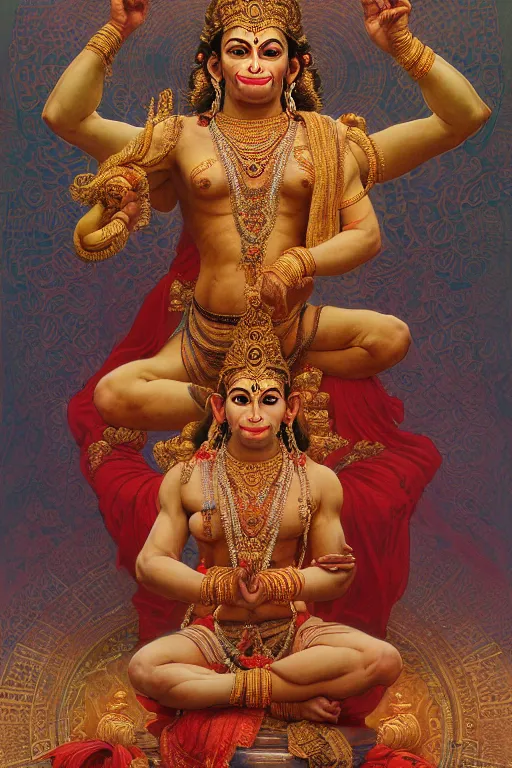 Image similar to a full body portrait of a beautiful ornated hanuman god, arms pointing up!!!, meditative sacral pose, hindu stages of meditation, intricate, elegant, highly detailed, digital painting, artstation, concept art, smooth, sharp focus, illustration, art by krenz cushart and artem demura and alphonse mucha